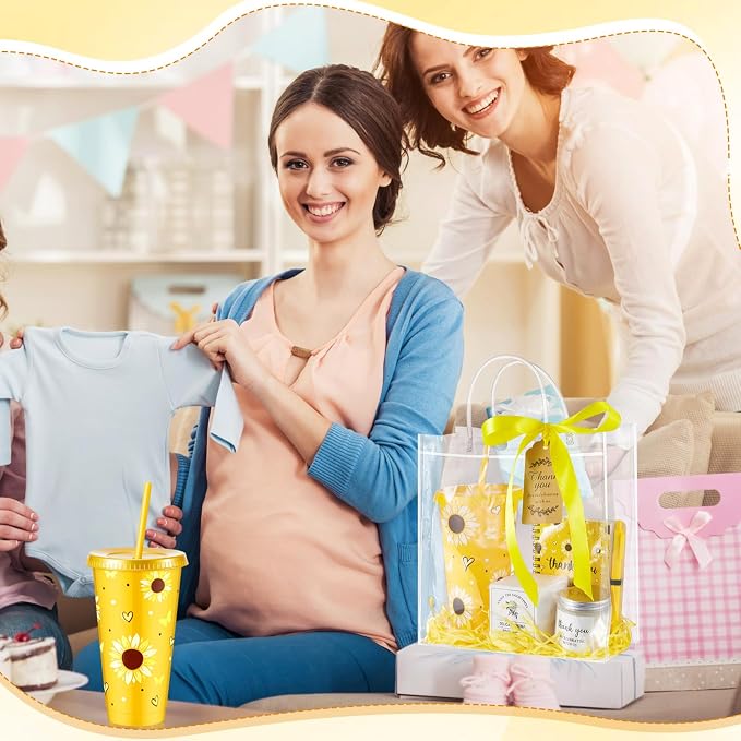 Nuogo 6 Sets New Parent Shower Prizes for Player Winners Adult, Wedding Bridal Shower Gift, Plastic Tumbler Notebook Scented Candle Ballpoint Pen Bag (Yellow Color,Sunflower Style)