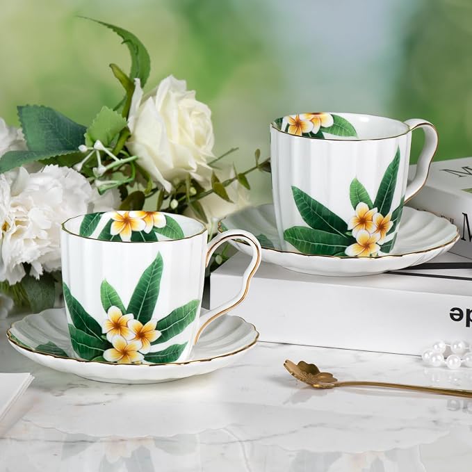 KAMMAK Tea Cups and Saucers Set of 2, Porcelain Coffee Cups, Stackable Espresso Mugs, Ceramic Demitasse for Coffee, Cappuccino, Latte, Americano, Tea, Green Leaf Frangipani