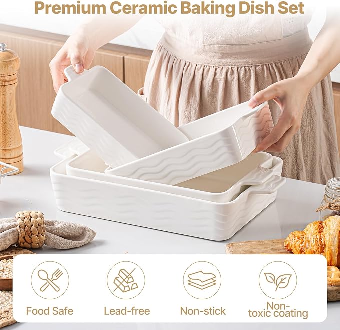 Estmoon Casserole Dishes for Oven, Ceramic Baking Dishes Set of 4, Porcelain Baking Pan with Handles, Rectangular Lasagna Pan for Baking, Wedding Gifts, Casserole, Kitchen, White(7.5''/9"/10.6"/12")