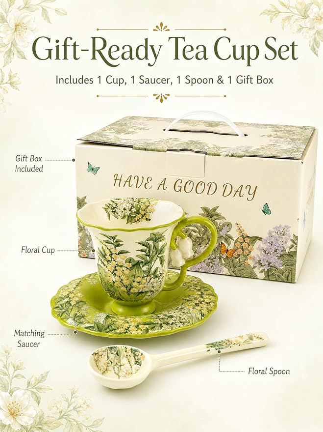 Tea Cup and Saucer Set with Spoon, Porcelain Flower Tea Cup with Saucer, Cute Vintage French Style Coffee Cup Gift Set with Box for Women and Tea Parties
