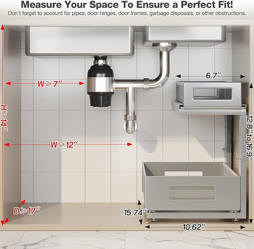 1 Pack 15.74IN-Depth Under Sink Organizer With Next-Gen Ball-Bearing Slides,2-Tier Pull Out Cabinet Storage,Height Adjustable Drawer Shelf for Bathroom,Kitchen,Laundry,Cabinet,Pantry-Gun Gray
