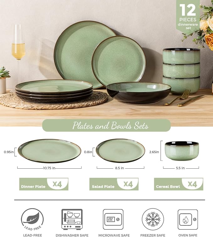 LERATIO Ceramic Dinnerware Sets for 4,12 Pieces Poreclain Plates and Bowls Sets,Scratch Resistant Dishes,Dishwasher & Microwave Safe Dishes Set,Service for 4-Light Geen