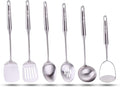 Millvado Stainless Steel Kitchen Utensil Set, Cooking Utensils, Set of 6 Kitchen Tools, Solid Spoon, Slotted Spoon, Solid Turner, Slotted Turner, Soup Ladle, Potato Masher, Dishwasher Safe