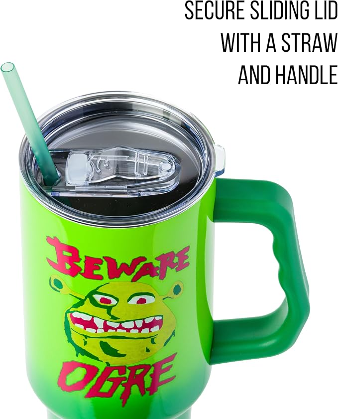 Silver Buffalo Shrek “Beware Ogre” Stainless Steel Tumbler with Handle, Fits in Standard Cup Holder, 40 Ounces