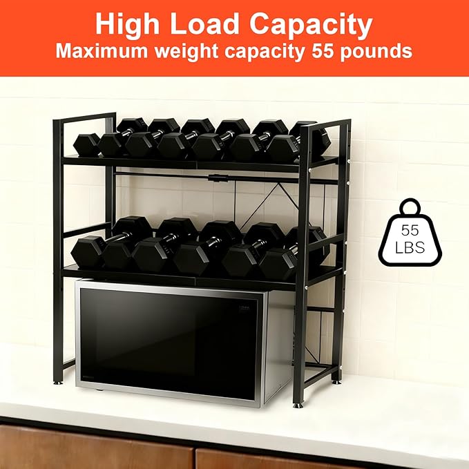 Microwave Oven Rack, Expandable Microwave Stand Countertop Shelf Heavy Duty 3-Tier Shelf with Cutting Board Holder Knife Rack and Chopstick Storage for Kitchen Top Organizer, Holds 55lbs, 6 Hooks