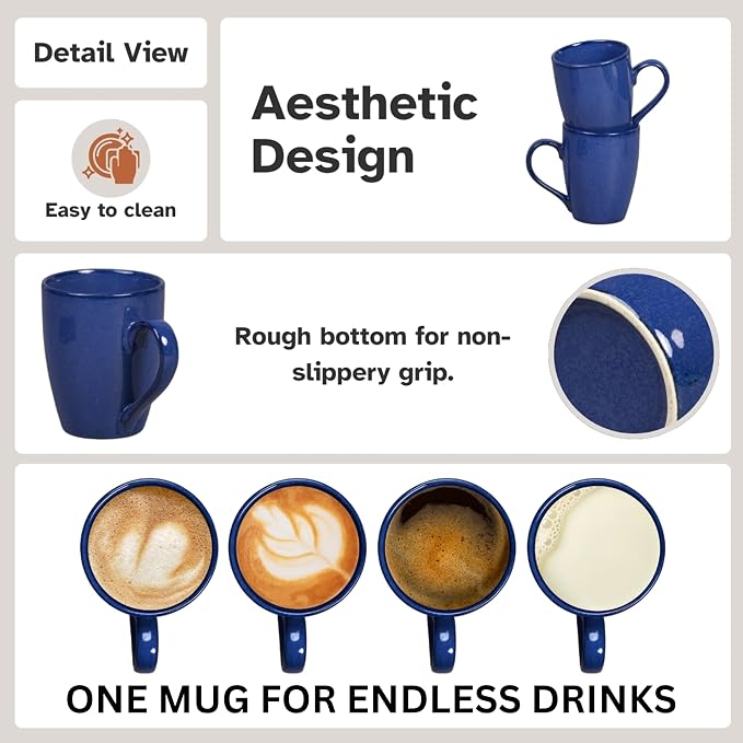 Servo Best Blue Coffee Mugs 12 oz, Set of 6 Blue Radiant Ceramic Mugs - Lead & Toxic Free, Dishwasher & Microwave Safe, Perfect for Home & Office Use