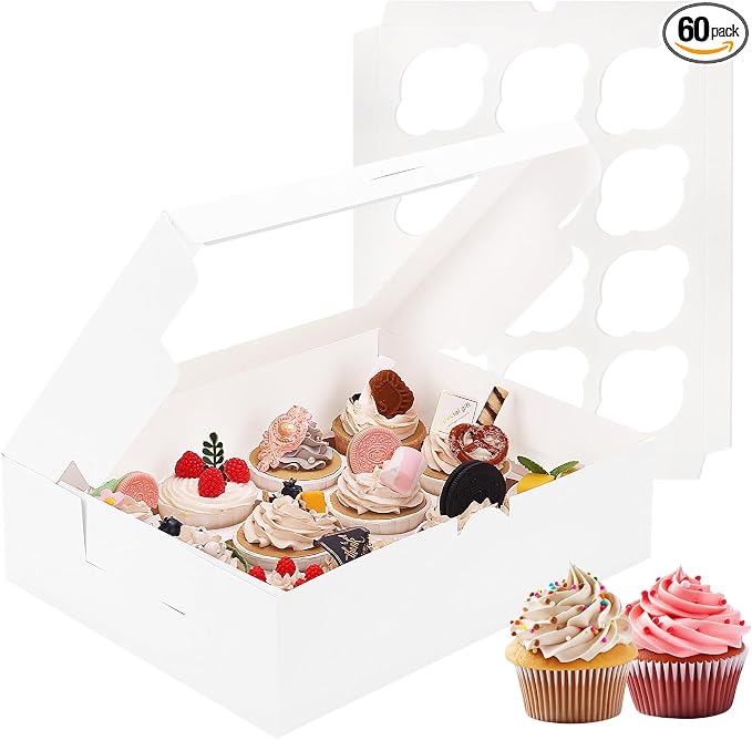 Moretoes 60PCS Cupcake Boxes with Window,Hold 12 Count Graduation Cupcake Containers for Grad Party Dessert Packaging (White)