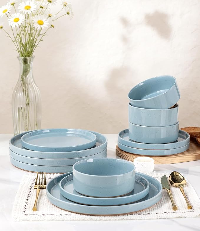 AmorArc Ceramic Dinnerware Set for 4 | Speckled Stoneware Plates and Bowls with unglazed terracotta | Scratch Resistant, Dishwasher & Microwave Safe Dishes Sets- 12-Pcs Blue