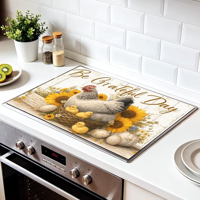 Stove Top Cover for Electric Stove 28.4 x 20.5 Inch Non Slip Stove Mat Oil Proof Grateful Hen Sunflower Glass Cooktop Protector Kitchen Mat