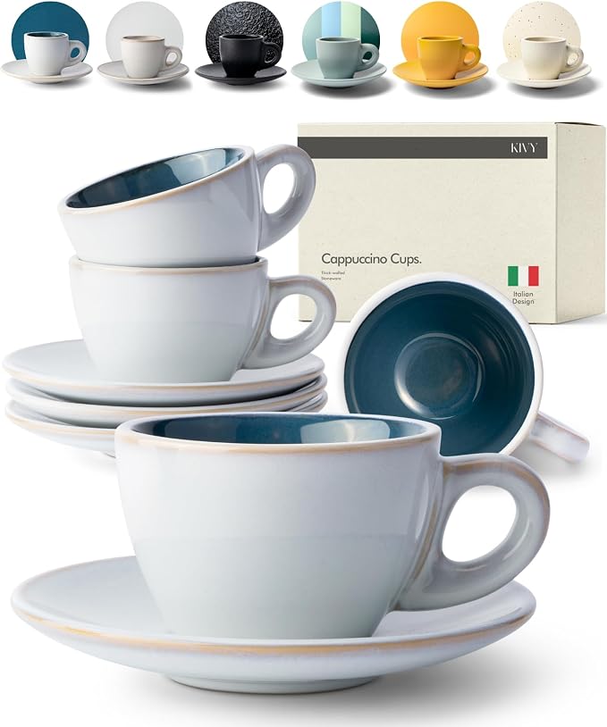 KIVY Cappuccino cups set of 4 [8oz] - Thick-walled stoneware cappuccino cup set for latte art - Latte mugs - Latte cups - Coffee mug - Latte art cup - Ceramic latte cup and saucer set of 4 - Blue