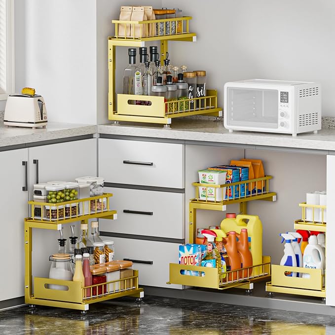 Under Sink Organizer, 2-Tier Premium Metal Pull-Out Racks with Adjustable Height, Heavy Duty Sliding Bin for Bathroom and Kitchen Cabinet Storage, Rust Resistant 2 Pack