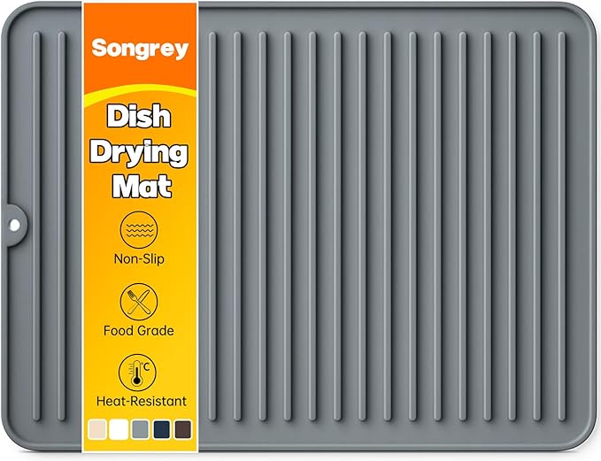 Songrey 16" x 12" Silicone Dish Drying Mat, Kitchen Counter Drying Pad for Sink Dishes or Under Rack, Multi-Use as Heat Resistant Trivet, Coffee Bar Mat