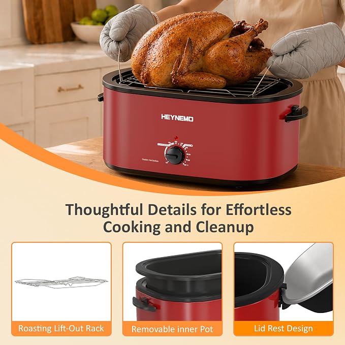 30 Quart Large Turkey Roaster with Defrost & Warm Functions, Electric Roaster Oven with Visible Self-Basting Lid, Adjustable Temperature Control, Removable Pan & Rack, Stainless Steel, Red