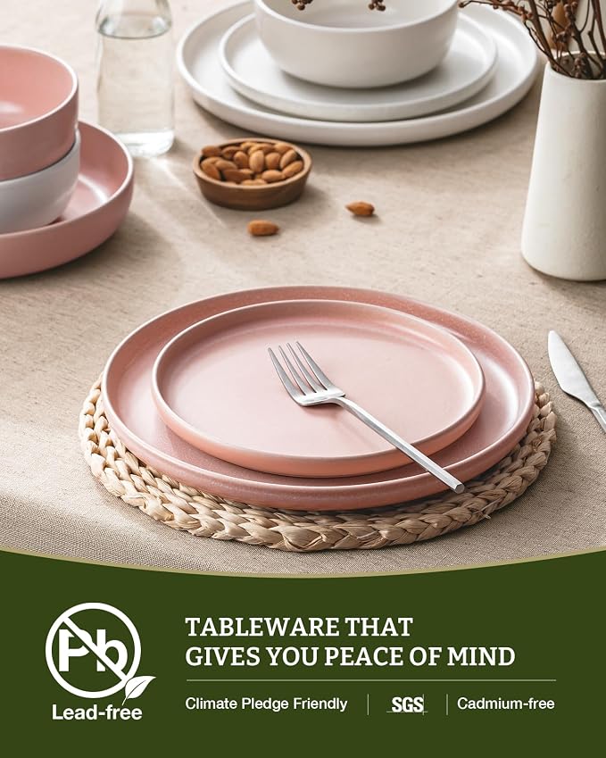 Famiware Milkyway Plates and Bowls Sets, 12 Pieces Dinnerware Sets, Reactive Glaze Dish Set, Stoneware Dishes Set for 4, Matte Beige White & Light Pink