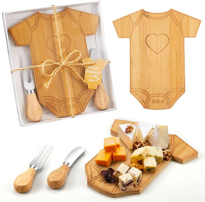 Ziliny 2 Set Baby Shower Gifts for Guest Prizes Clothing Shaped Mini Charcuterie Board Small Cheese Cutting Board Set with Knives Forks Baby Shower Party Favor Thank You Return Gifts (Bamboo Color)