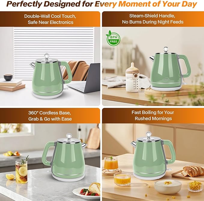Retro Electric Tea Kettle 1.8L, Stainless Steel Electric Hot Water Kettle for Boiling Water, BPA Free, 1350W Fast Boil, Auto Shut Off & Boil-Dry Protection, Sage Green