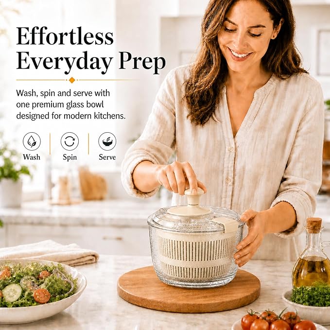 Good Girps 3.2 Qt Glass Salad Spinner Small Vegetable Dryer with Drain Microwave Safe Dishwasher Safe with Transparent Lid Crank Handle Quick Spin Greens Washer for Lettuce Herbs Fruits White
