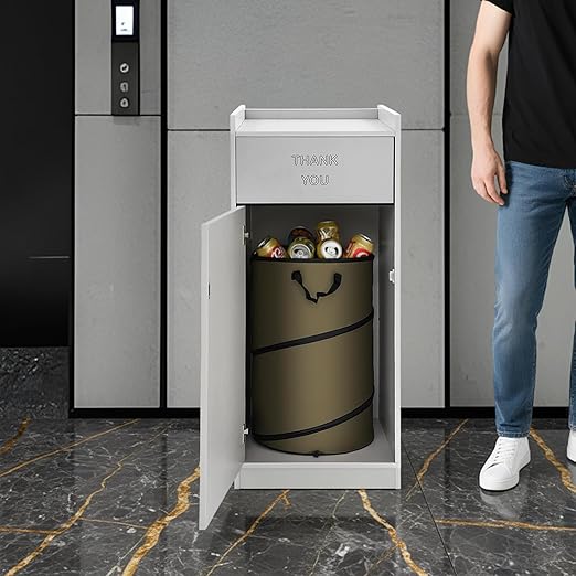 30 Gallon Commercial Trash Can, Wooden Trash Can Cabinet with Tray Holder Garbage Can withTrash Bag for Restaurants, Cafes, Kitchens, and Offices, Durable Garbage Receptacle (Silver)