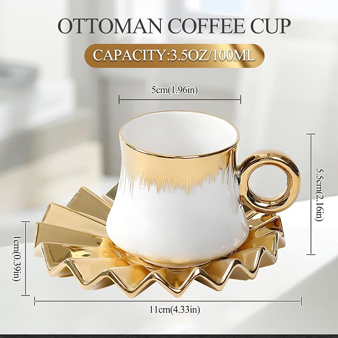 3.5oz Ceramic Turkish Coffee Cup Set of 6, Porcelain Espresso Cups and Saucers British Italian Cappuccino Cups with Gold Trim for Double Espresso Cappuccino Latte Mocha Tea (White)