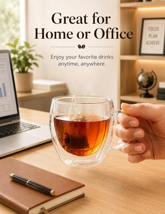 Set of 4 Double Walled Glass Coffee Mugs with Handles, 8.5oz Clear Coffee Mugs for Hot/Cold Beverages, Insulated Borosilicate Glass Cups for Cappuccino, Espresso, Latte, Tea, Milk, Microwave Safe