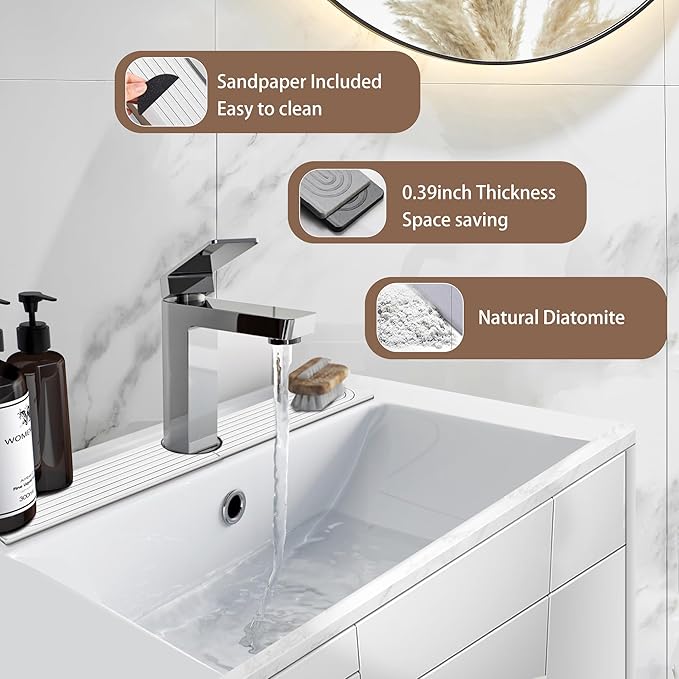 Faucet Mat for Kitchen Sink Diatomite Fast Drying Stone Sink Tray Absorbent Mat Faucet Splash Guard for Kitchen Sink and Bathroom Counter
