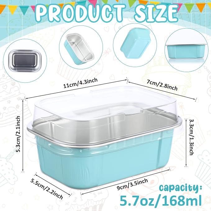 Vesici 100 Sets Mini Loaf Pans with Lids, 5.7 oz Disposable Aluminum Foil Baking Cups, Rectangle Cake Pans for Baking Storage Birthday Party(Powder Blue)