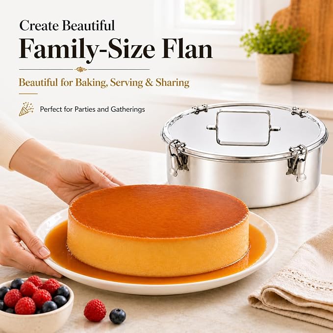 Extra Large Stainless Steel Flanera with Lid, 11.25 Inch 125 fl oz Flan Mold, Molde Para Flan for Family-Size Flan, Quesillo, Custard, Pudding, Cheesecake & Oven Water Bath Baking