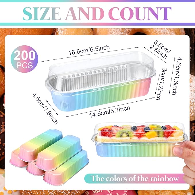 Qunclay 200 Pcs Aluminum Foil Mini Loaf Pans with Lids 6.8 oz Disposable Mini Cake Pan with Lid Rectangle Baking Cups for Party Muffin Cheesecake Ramekins(Rainbow)