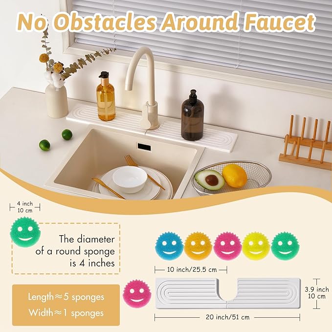 U Shape Sink Draining Mat Behind Faucet, Super Absorbent Diatomite Fast Drying Stone, Quick Drying Splash Guard, Prevents Moisture Buildup, Around Faucet Drip Mat for Kitchen Bathroom Counter, White