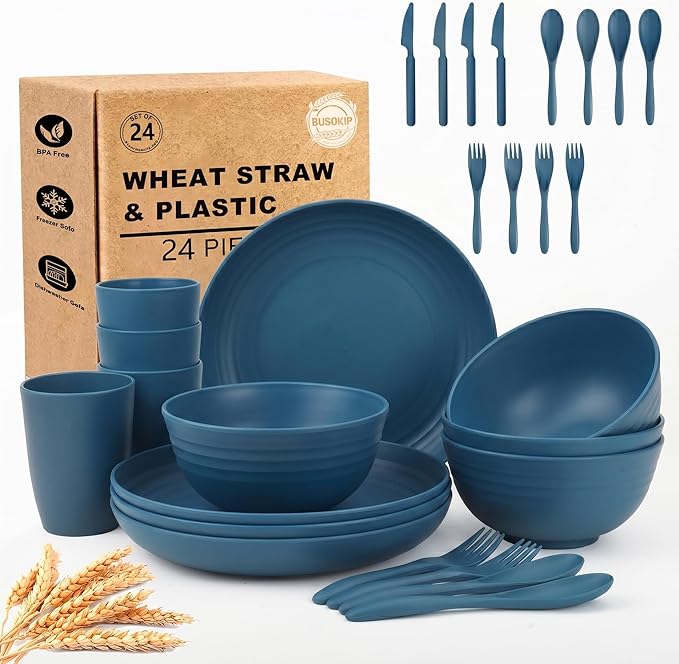 Wheat Straw Dinnerware Sets 24 Piece, Unbreakable Plates and Bowls Sets for 4, Reusable Plastic Dishes Set, Microwave and Dishwahser Safe Kitchen Set, Apartment and Kitchen Essentials - Blue