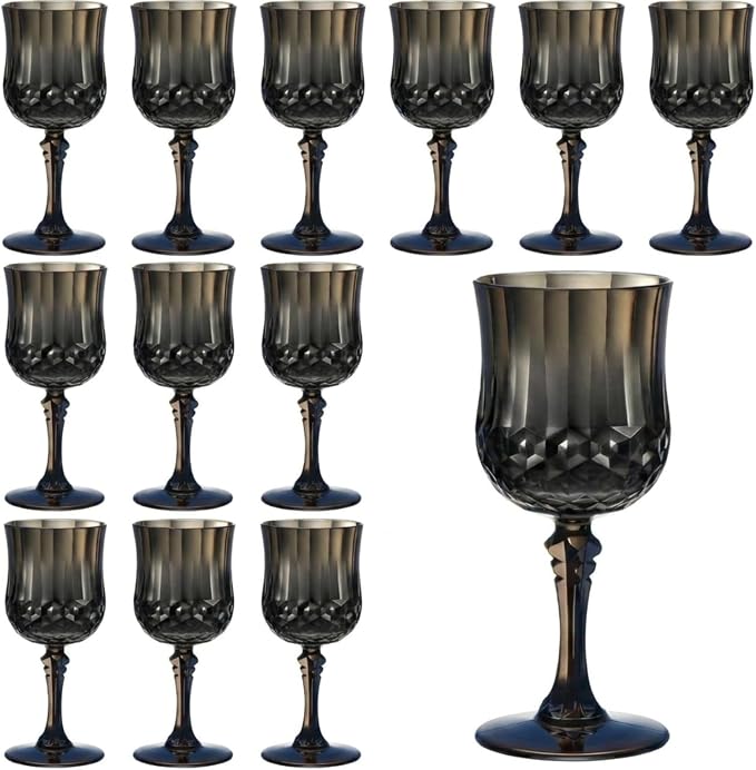 Pinkunn 12 Pcs 7 oz Plastic Vintage Wine Glasses Reusable Colored Goblets Patterned Drinking Water Glasses Cup Dishwasher Safe for Mother's Day Wedding Reception Party Supplies (Black)