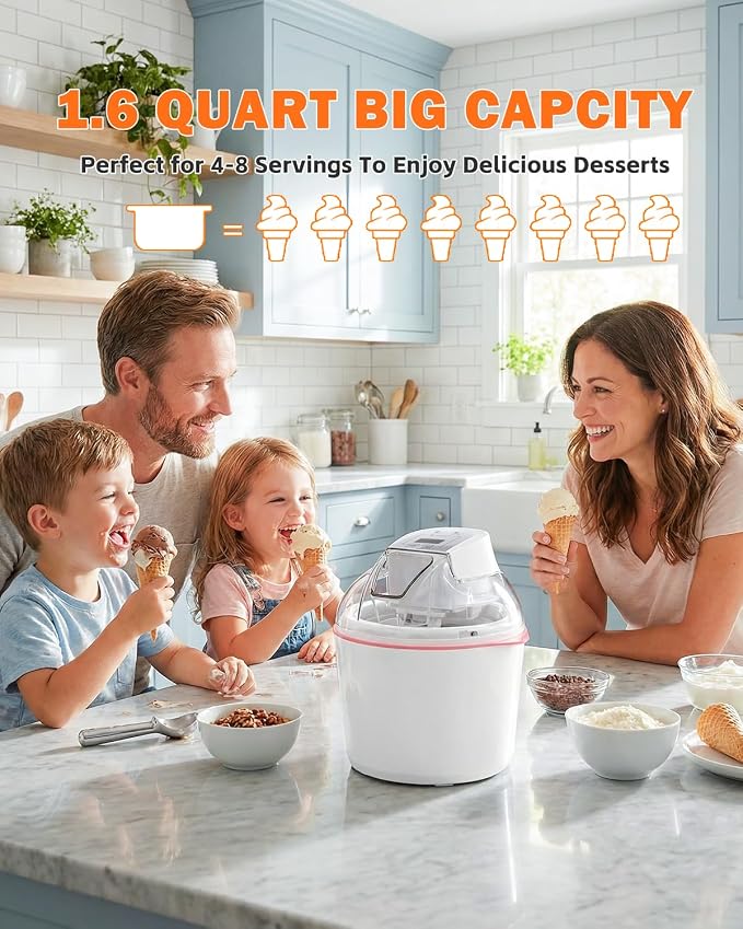 Ice Cream Maker, 1.6 Quarts Ice Cream, Gelato, Sorbet, Milkshakes, Frozen Yogurt Machine for Home, Ice Cream Double Insulated Machine with LCD Screen and Timer, Easy to Clean and Quick