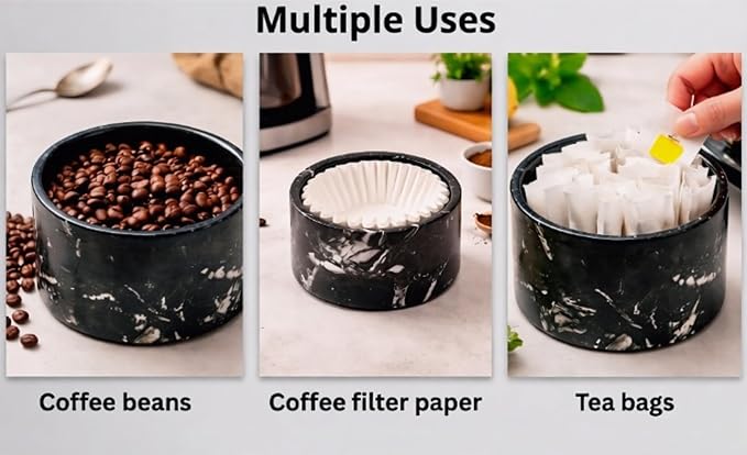 Marble Coffee Filter Holder – 6 inch Handmade Black Coffee Filter Holder with Lid, Storage Organizer for Kitchen Countertop & Bar Decor