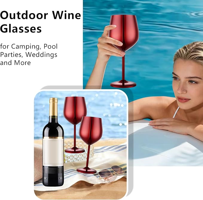 UNISWEET Stainless Steel Wine Glasses Set of 4 Unbreakable Wine Glass 18 oz Unique Metal Wine Goblets for Outdoor, Travel, Camping, Pool, Ideal Gift for Wine Lovers (Mirror-Red)