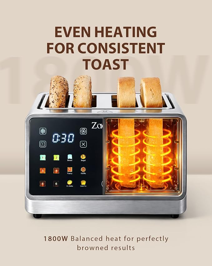 4 Slice Smart Toaster with Touchscreen, 1.5" Extra Wide Slots for Bagels & Thick Bread, Dual Independent Controls, 6 Bread Settings, Defrost, Reheat, Easy Clean, Stainless Steel, for Family Breakfast