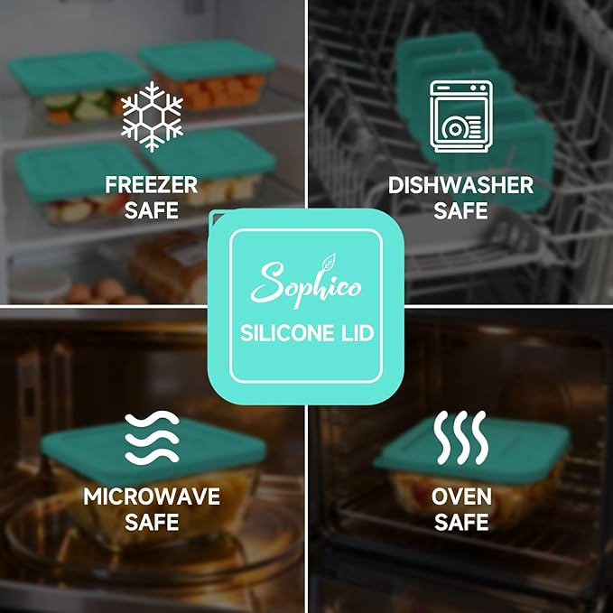 Sophico Silicone Storage Cover Lids Replacement for Pyrex Freshlock and SNAPWARE 4CUP Square Glass Bowls Containers Set(8704), Airtight & Leakproof Lids, Freezer Dishwasher Microwave Safe 5 Pack
