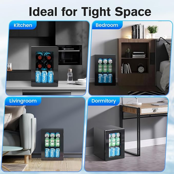 Electactic 24 Cans Beverage Refrigerator Cooler, Mini Fridge Countertop Drink Cooler for Soda, Canned Beer, Adjustable Digital Temperature Control for Home Dorm Office, Black