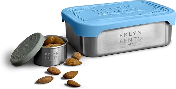Stainless Steel Food Container & Condiment Holder | Leak Proof Silicone Lid | Metal Lunch Box | Bento Box | Portion Control Snacks Dressings [2 PCS Set/Blue]