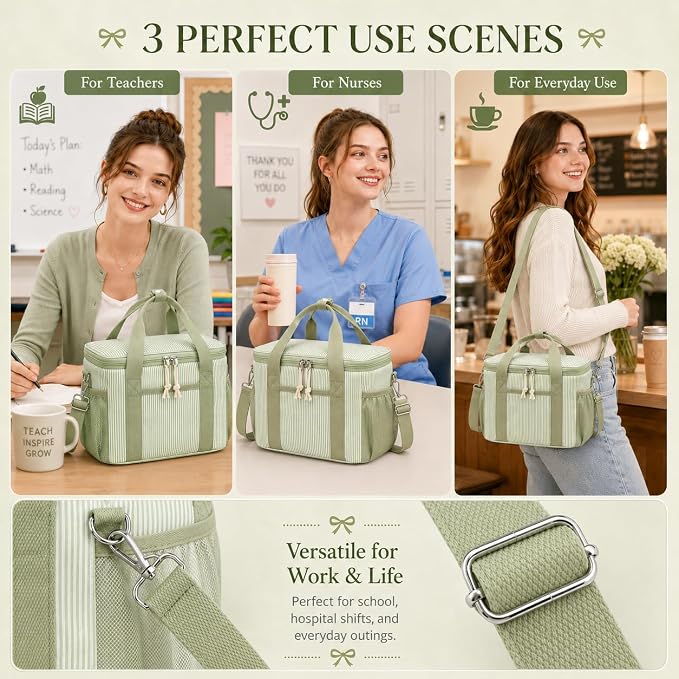 BTOOP Insulated Lunch Box for Women, Cute Corduroy Lunch Bag with Shoulder Strap, Leakproof Wide-Open Lunch Tote for Work, Office, School, Picnic, Green White Stripes