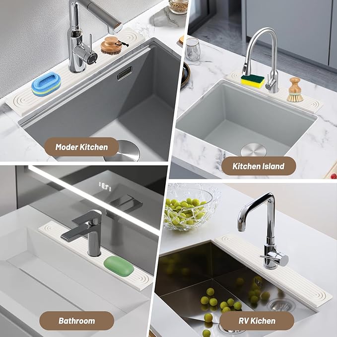 Faucet Mat for Kitchen Sink - 23.6" Diatomite Fast Drying Stone Sink Tray Absorbent Mat Faucet Splash Guard for Kitchen Sink and Bathroom Counter Drying Mat (White, 23.6"x 3.9")