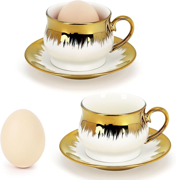 6 Pack 3.2oz Espresso Cups with Saucers, White Porcelain with Gold Electroplated Brushstroke Rim, Ceramic Coffee Cup Set, Dishwasher Safe, for Espresso, Latte, Afternoon Tea, Home Decor & Gifting