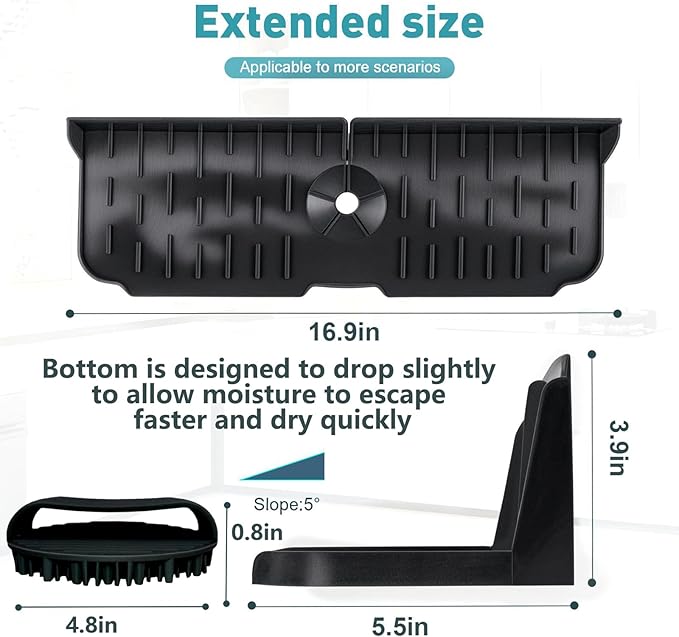 Kitchen Sink Splash Guard，Sink Draining Pad Behind Faucet，Faucet Mat for Kitchen Sink，Comes with a Silicone Brush for Cleaning Drying Mat for Countertop Protect
