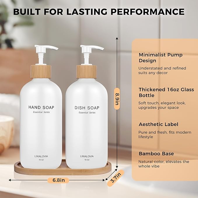Dish and Hand Soap Dispenser Set with Tray, 16OZ Refillable Glass Bottles and Wood Pump, Double Bottle Countertop Organizer for Kitchen and Bathroom (White)
