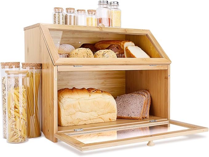 HOMEKOKO Double Layer Large Bread Box for Kitchen Counter, Natural Bamboo | Bread Storage Bin, Wooden, Large Capacity, See Through, Easy Assembly