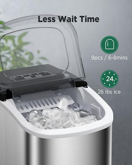 Ice Maker Countertop, Portable Ice Machine Ready in 6 Minutes with 9 Cubes 26LBS in 24H, Self-Cleaning with Ice Scoop and Basket, Two Sizes of Bullet Ice for Home Kitchen Office, Bar and Parties
