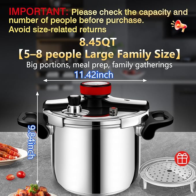 Stainless Steel Pressure Cooker 8 quart Commercial Stove Top Pressure Cooker for canning, pressure cooker 8+ quart, Compatible with Gas & Induction, Fast Cooking for large Meals, Dishwasher Safe,