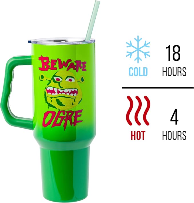 Silver Buffalo Shrek “Beware Ogre” Stainless Steel Tumbler with Handle, Fits in Standard Cup Holder, 40 Ounces