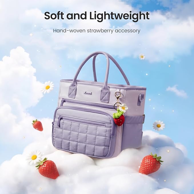 LOVEVOOK Insulated Lunch Bag Women,Puffer Adult Lunch Box for Women with Handmade Strawberry Charm,Wide Opening Leakproof Cooler Bag with Cup Holder for Work Picnic Beach Family College Mom Teacher