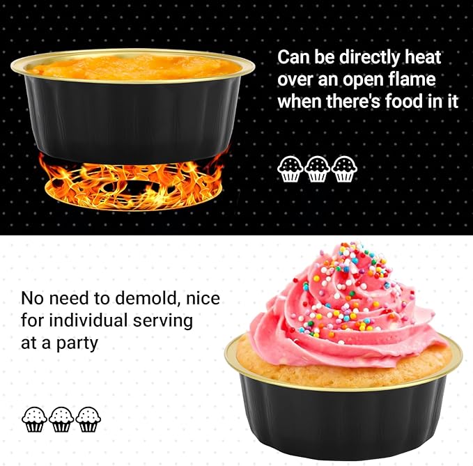 Beasea Disposable Baking Ramekins, 8 oz 100 Pack 3.9" 235ml Aluminum Foil Cups Bake Utility Ramekin Cup Souffle Cup Muffin Cupcake Baking Cup Mini Pudding Cups for Party Wedding Birthday - Black Gold
