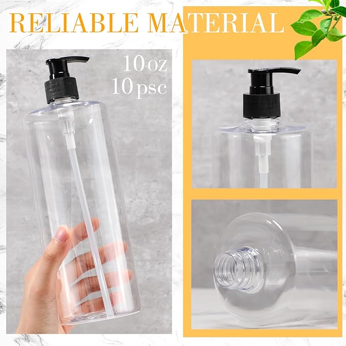 meekoo 10 Pcs Empty Shampoo Bottles with Pumps 32 oz / 1 Liter Bulk Refillable Plastic Dispenser Shampoo and Conditioner Bottles with Black Caps Leakproof for Lotion Massage Oil Body Wash